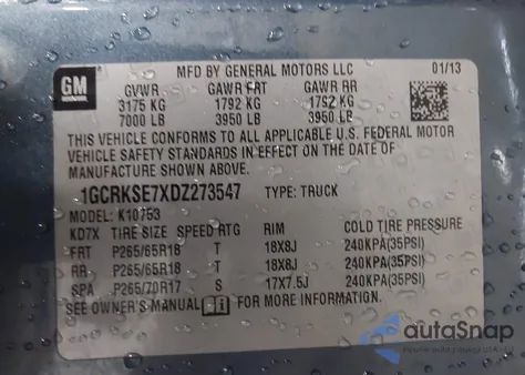 2013 Chevrolet Silverado 1500 Lt z USA, uszkodzony, nr VIN 1GCRKSE7XDZ273547